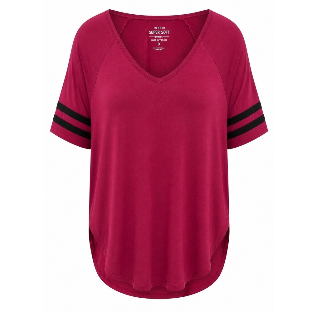 Torrid Super Soft Knits Berry Pink Varsity Black Stripe V Neck Top Plus Size 0X